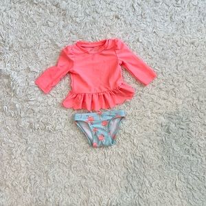 Cat & Jack Baby 2 Piece Swimsuit Coral Top & Flamingo Bottom Size 3-6 Months
